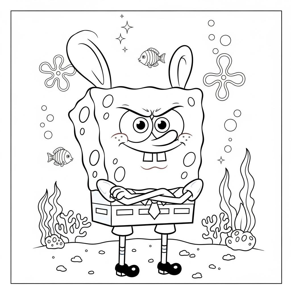 Desenho de Bob Esponja para colorir zangado com braços cruzados no fundo do mar.