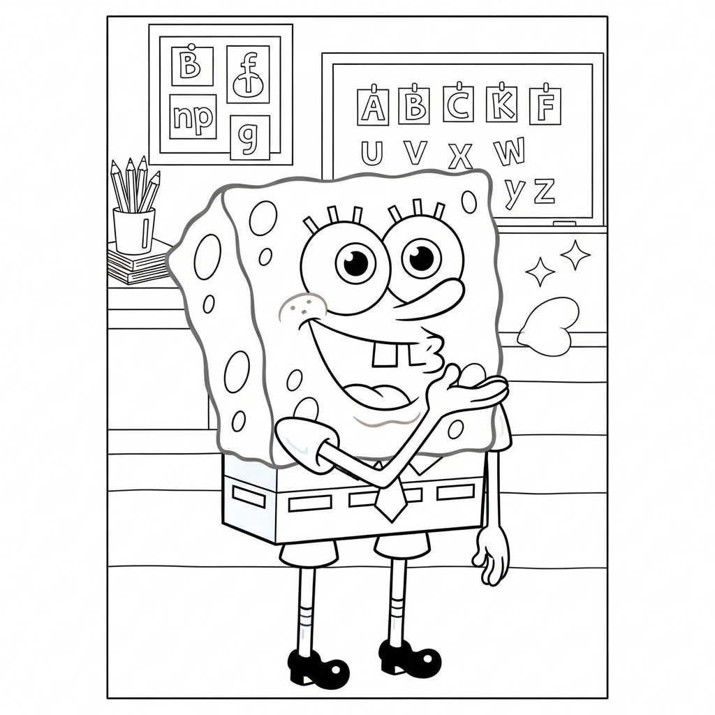 Desenho de Bob Esponja para colorir dando beijinho no ar na sala de aula com lousa