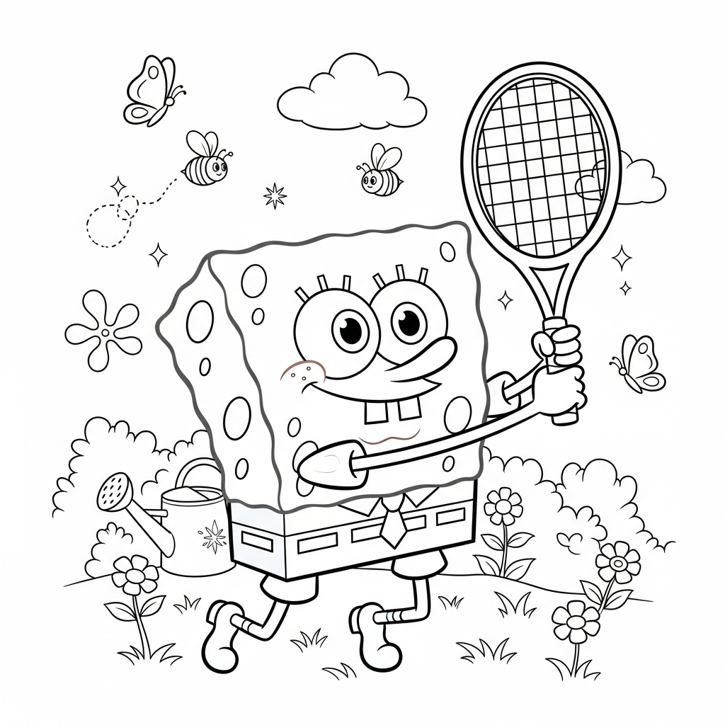 Desenho de Bob Esponja para colorir sacando com raquete no jardim florido.
