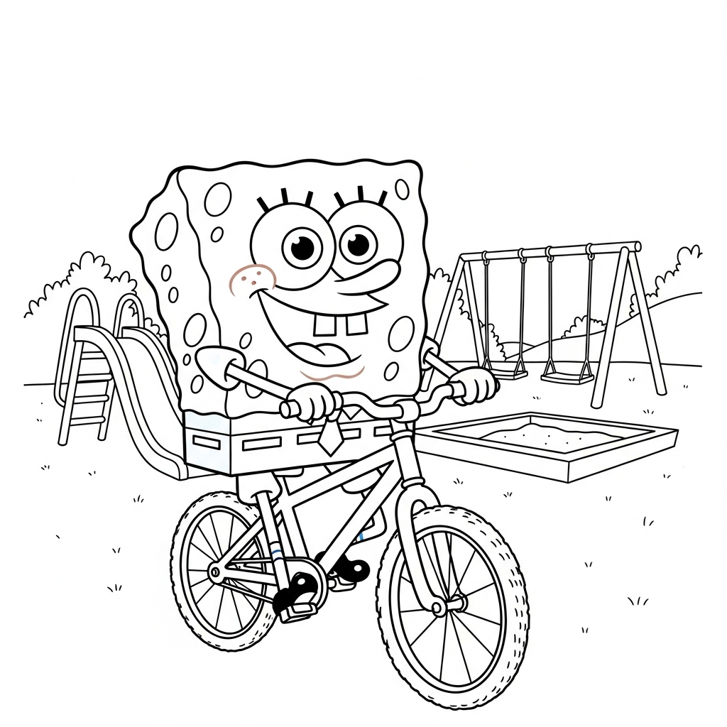 Desenho de Bob Esponja para colorir pedalando bicicleta de montanha no playground com escorregador.