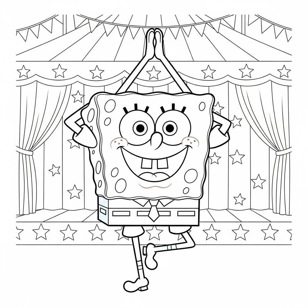 Desenho de Bob Esponja para colorir praticando ioga na pose da árvore no circo.