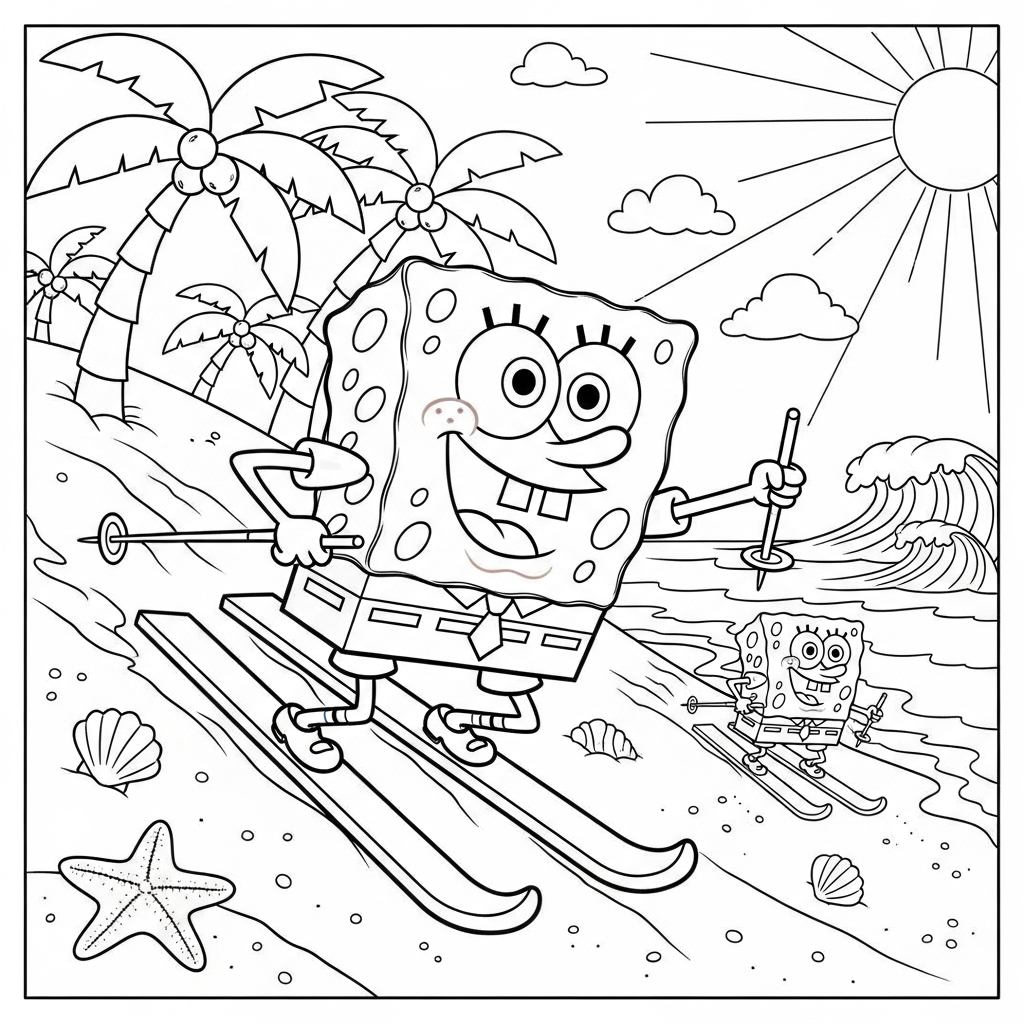 Desenho de bob esponja para colorir esquiando montanha abaixo numa praia com palmeiras.