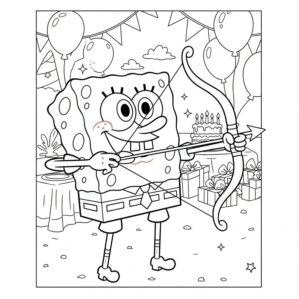 Desenho de bob esponja para colorir praticando arco e flecha em festa de aniversário