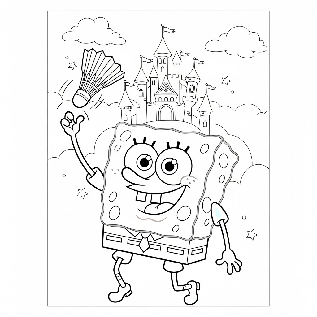 Desenho de Bob-Esponja para colorir arremessando peteca diante de castelo encantado.