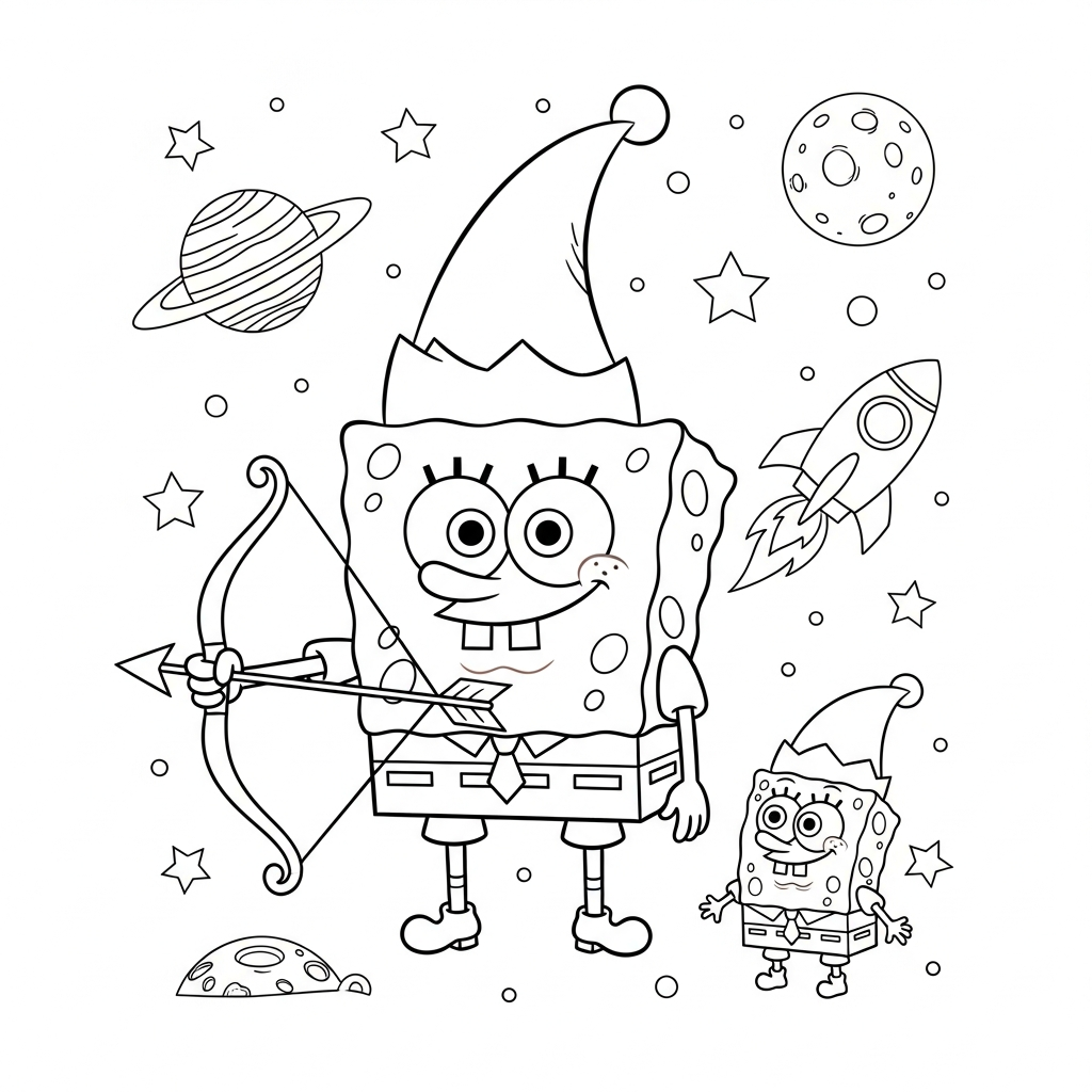 Desenho de Bob-Esponja para colorir vestido de elfo com arco no espaço