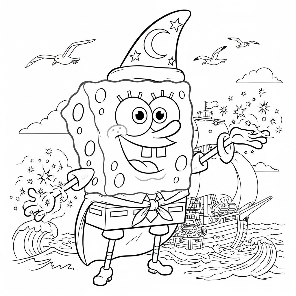 Desenho de Bob-Esponja para colorir vestido de feiticeiro lançando estrelas em navio pirata