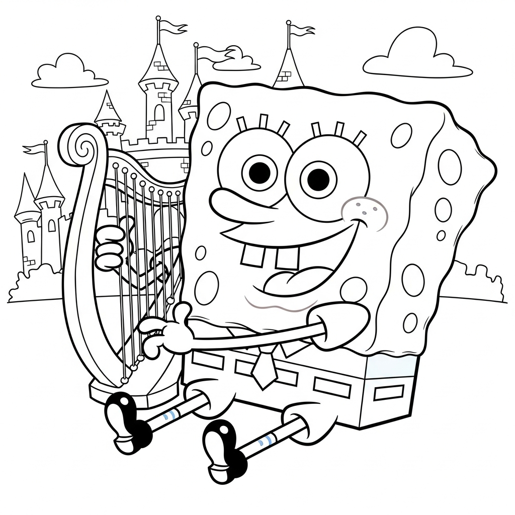 Desenho de Bob Esponja para colorir tocando harpa sentado em castelo de conto de fadas