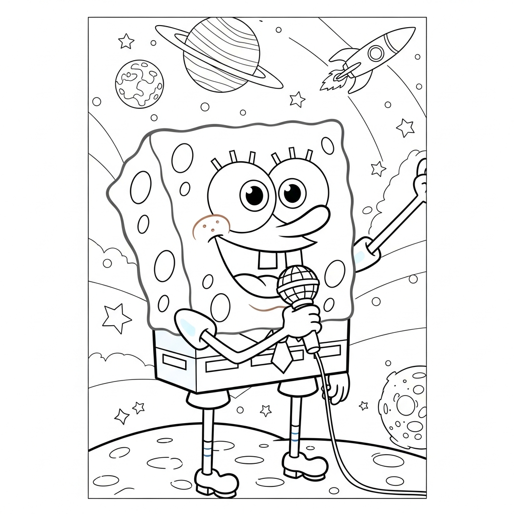 Desenho de bob esponja para colorir cantando no microfone em palco espacial com planetas.