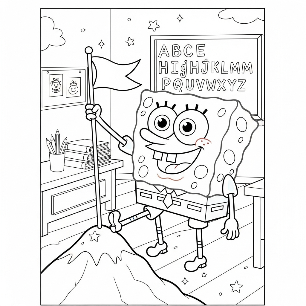 Desenho de Bob Esponja para colorir plantando bandeira na montanha em sala de aula.