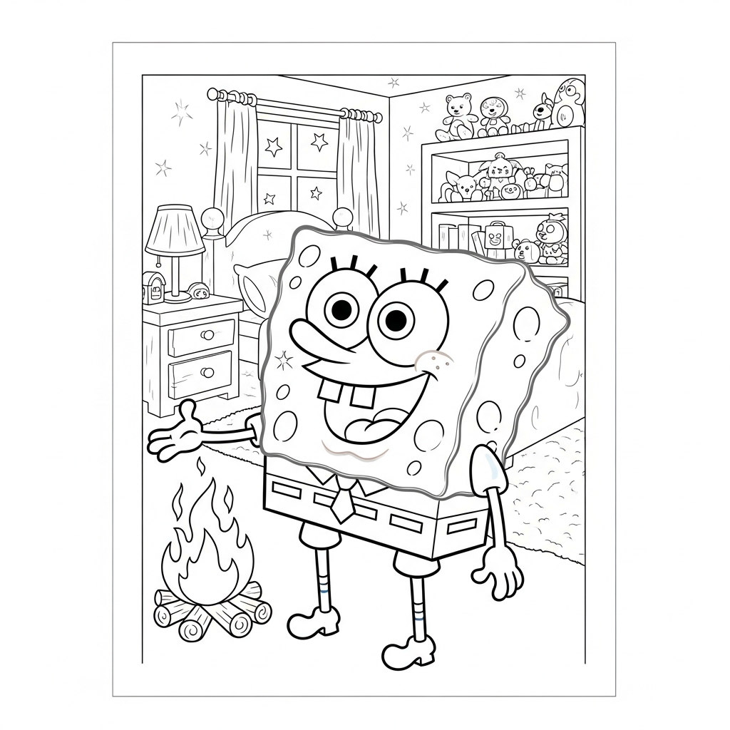 Desenho de Bob Esponja para colorir cantando junto à fogueira de Natal no quarto.