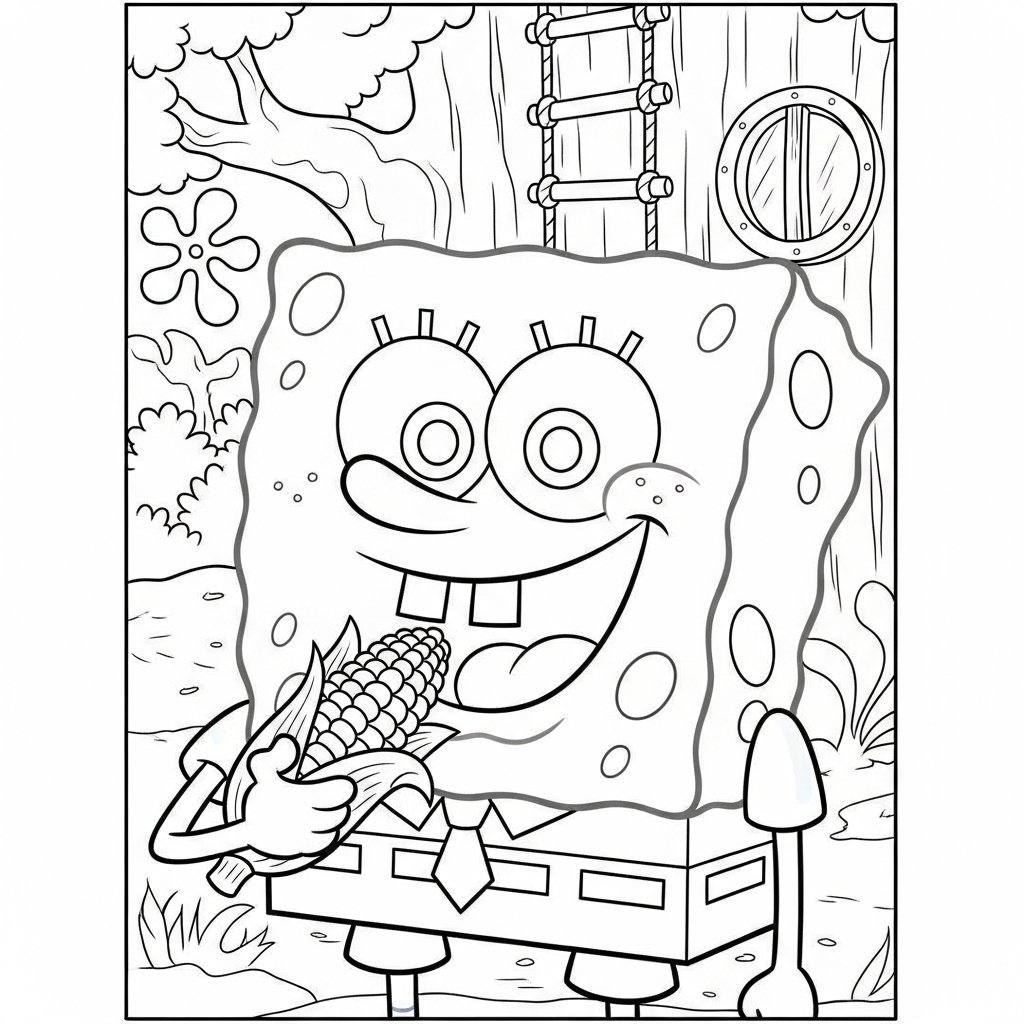 Desenho de Bob Esponja para colorir comendo milho na espiga na casa na árvore.