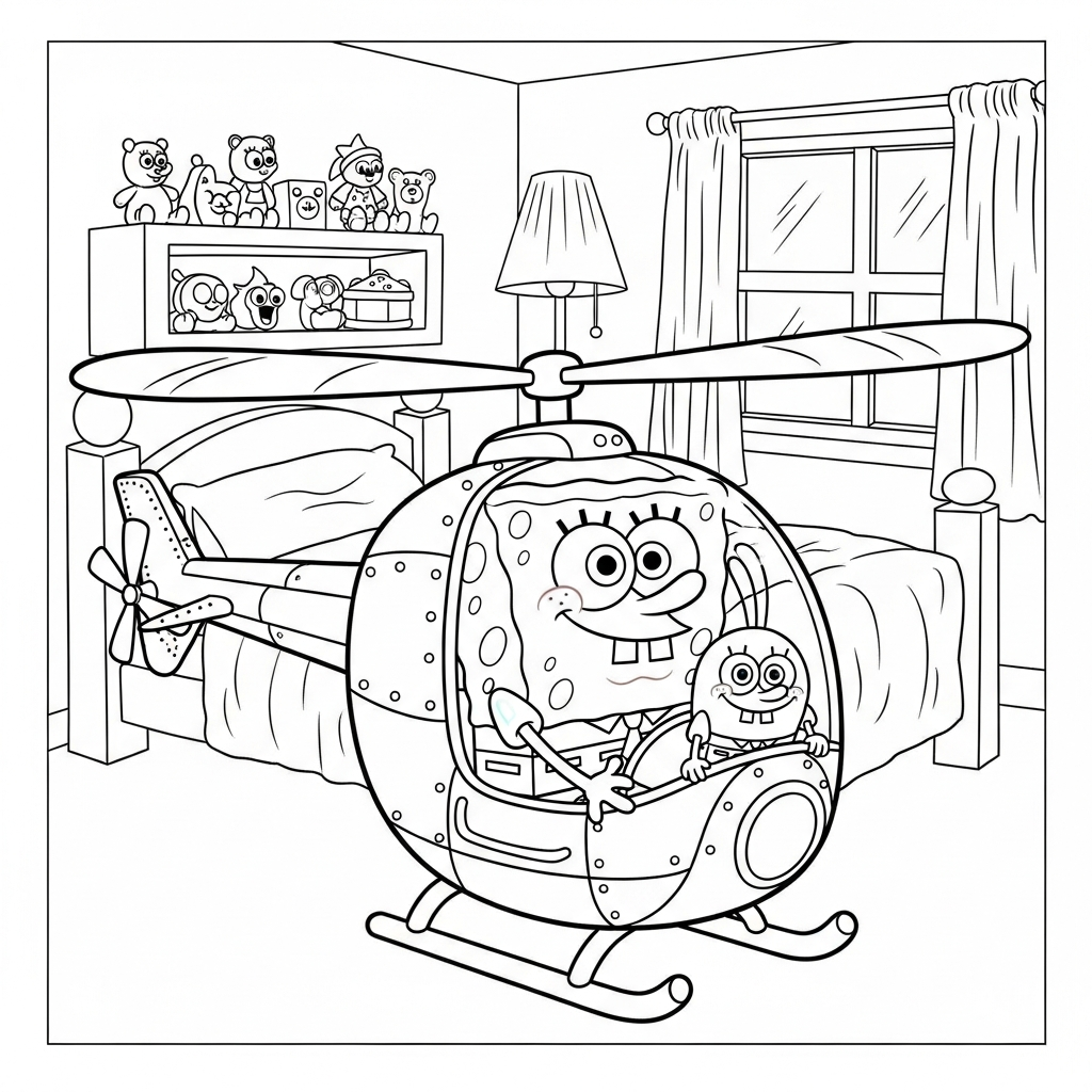 Desenho de Bob-Esponja para colorir pilotando helicóptero no quarto com cama e brinquedos.
