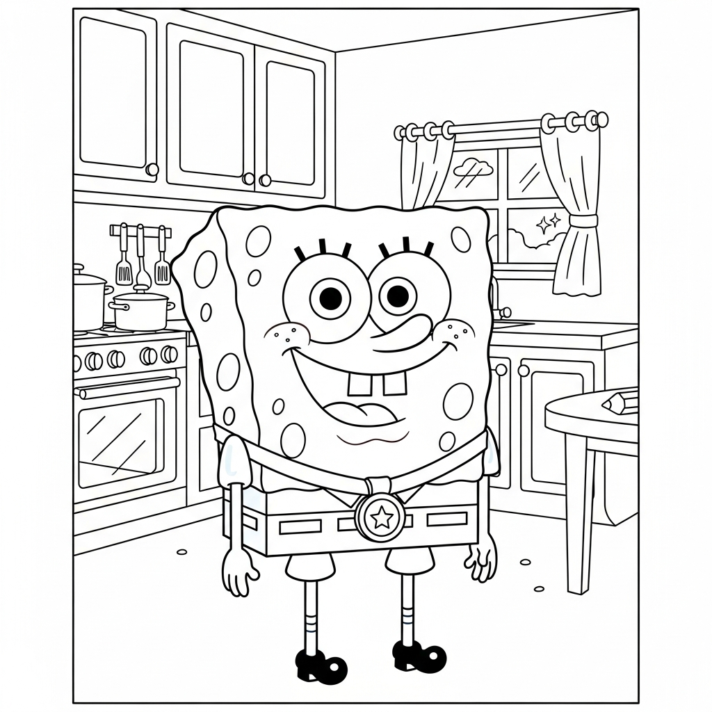 Desenho de Bob Esponja para colorir segurando medalha na cozinha com forno e panelas
