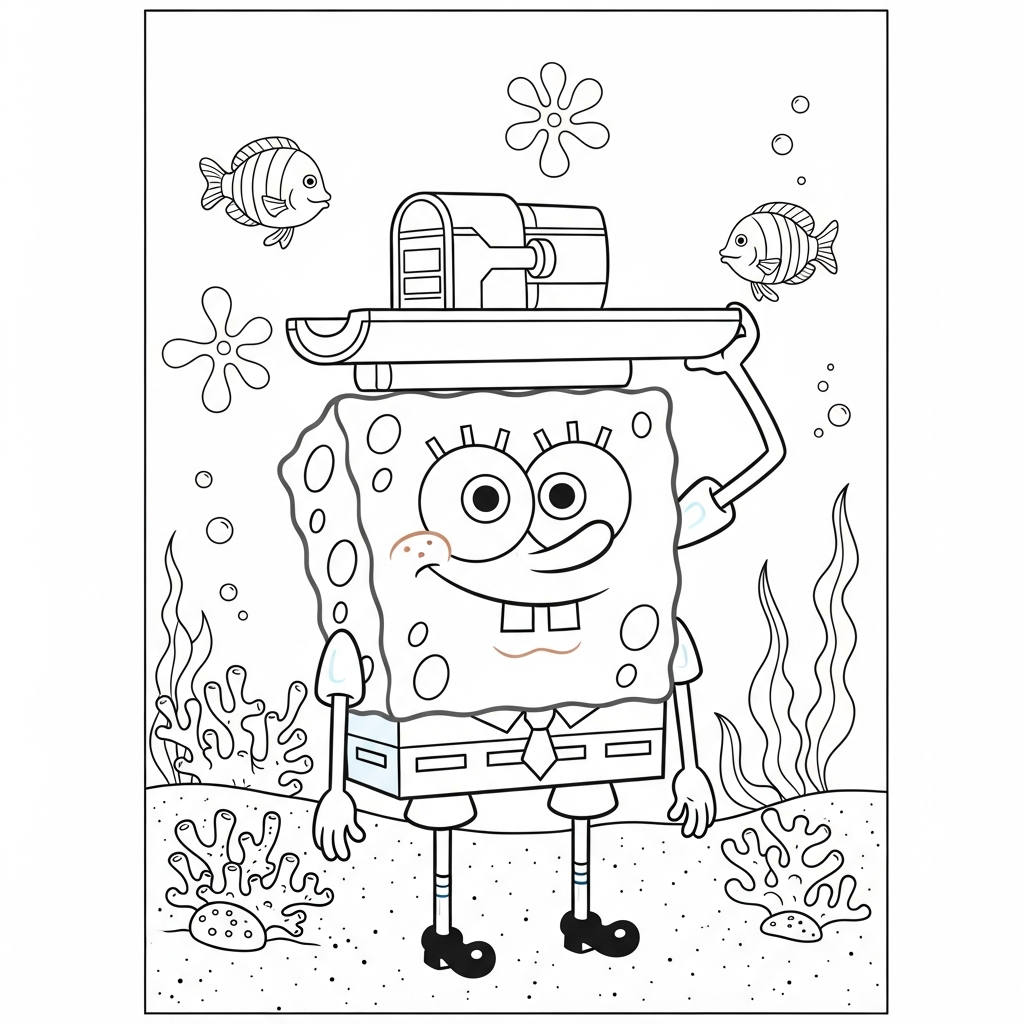 Desenho de Bob Esponja para colorir equilibrando objeto na cabeça no fundo do mar.