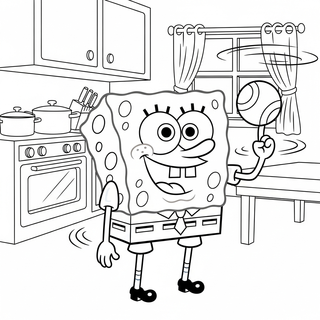 Desenho de Bob-Esponja para colorir girando uma bola na cozinha com forno e panelas