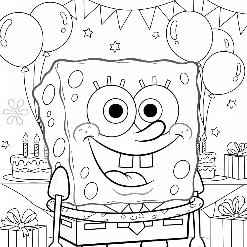 Desenho de Bob-Esponja para colorir brincando de roda em festa de aniversário