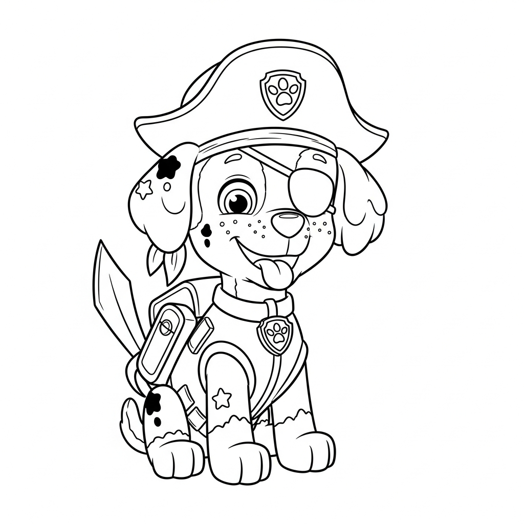 Desenho de patrulha canina para colorir usando chapéu de pirata e tapa-olho
