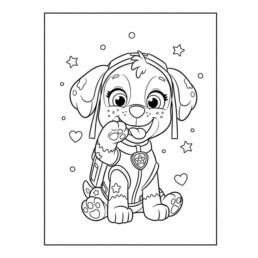 Desenho de patrulha canina para colorir dando risadinha com mão na boca, estrelinhas e corações.