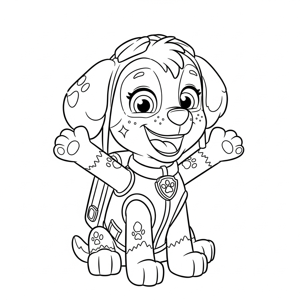 Desenho de patrulha canina para colorir gritando feliz com braços abertos e uma bolinha