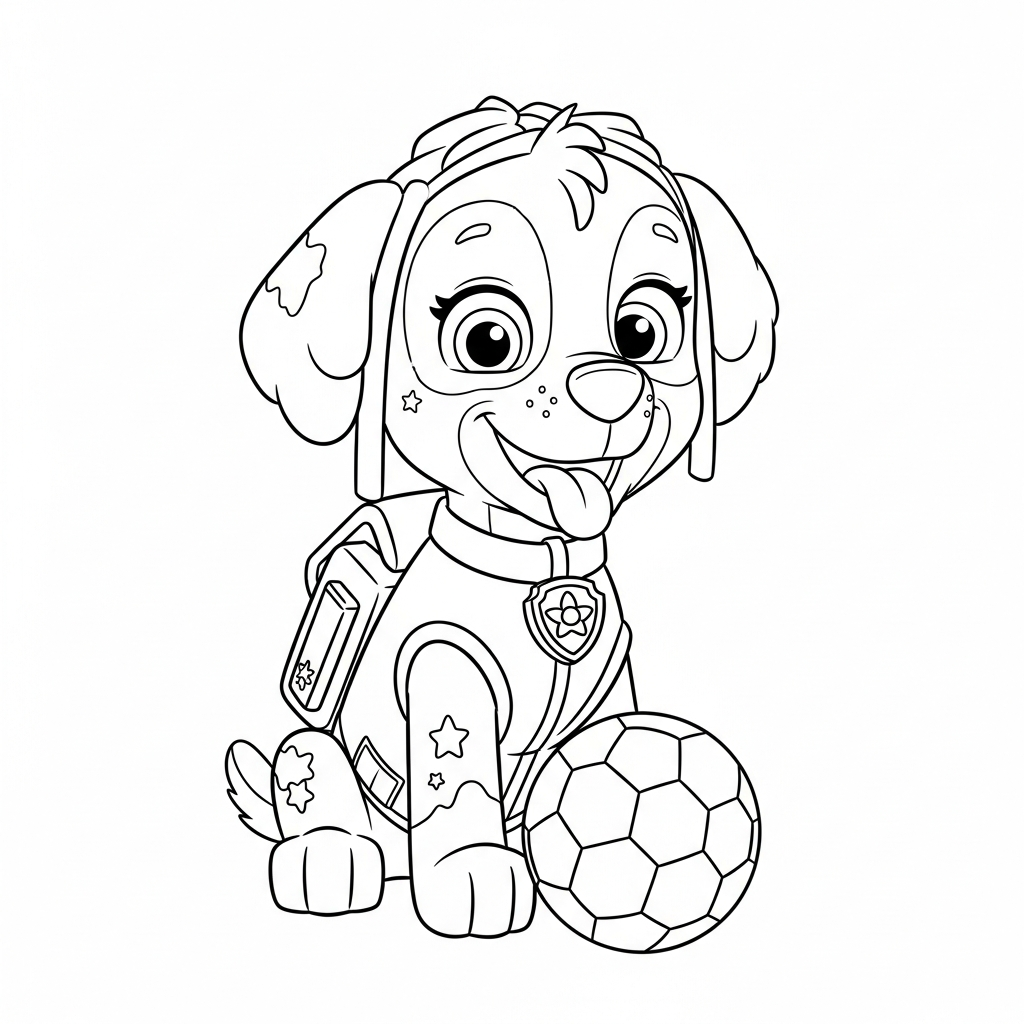Desenho de patrulha canina para colorir jogando futebol com a bola no pé