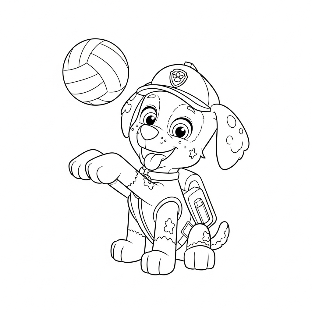 Desenho de patrulha canina para colorir sacando a bola em jogo de vôlei