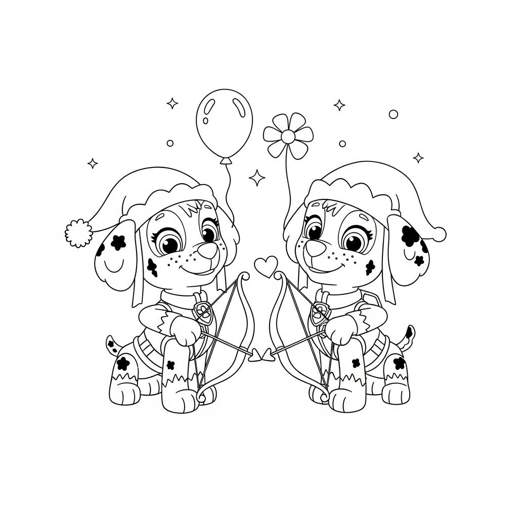 Desenho de patrulha canina para colorir vestido de elfo com arco e flecha ao lado de estrela