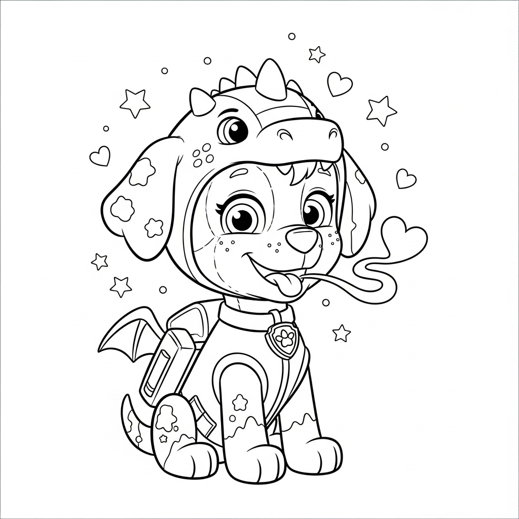 Desenho de patrulha canina para colorir vestido de dragão fofo soltando coração de fumaça.