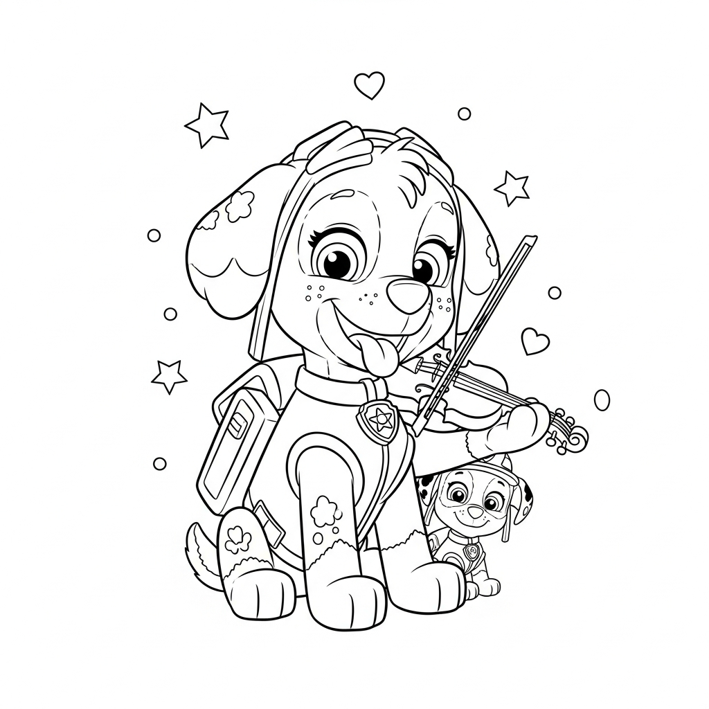 Desenho de patrulha canina para colorir tocando violino no ombro com estrelinhas e corações