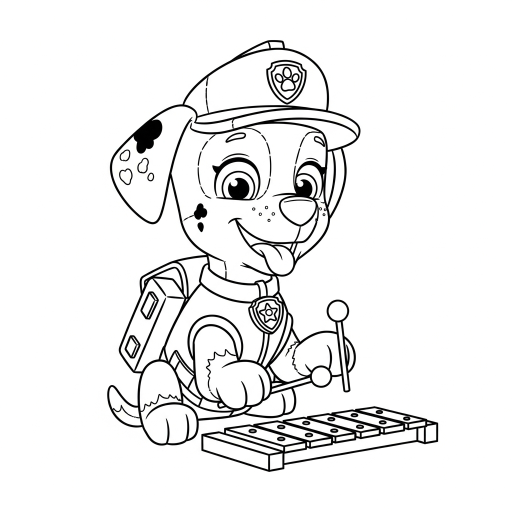 Desenho de patrulha canina para colorir tocando xilofone com baquetas ao lado de uma estrela.