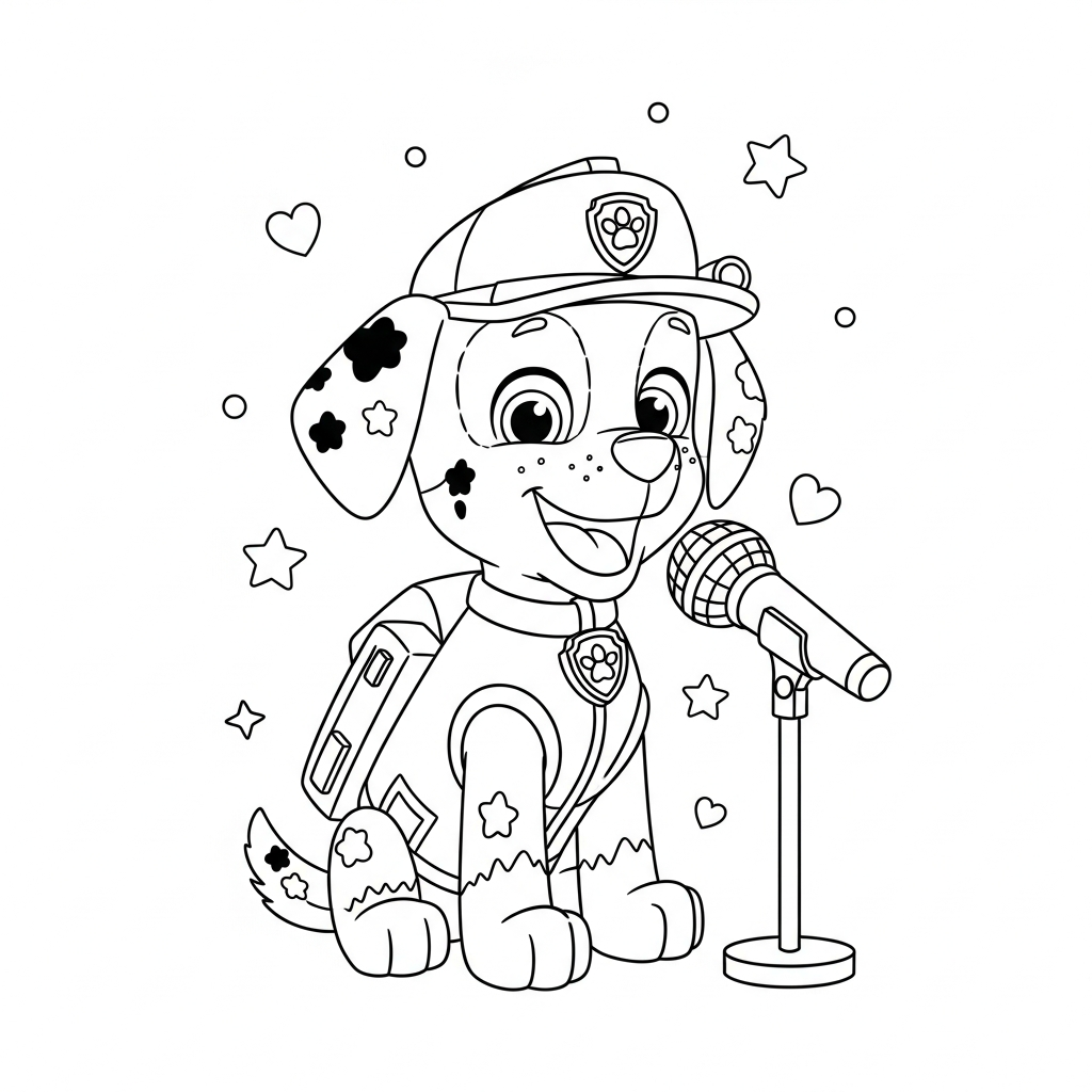 Desenho de patrulha canina para colorir cantando no microfone com estrelinhas e corações