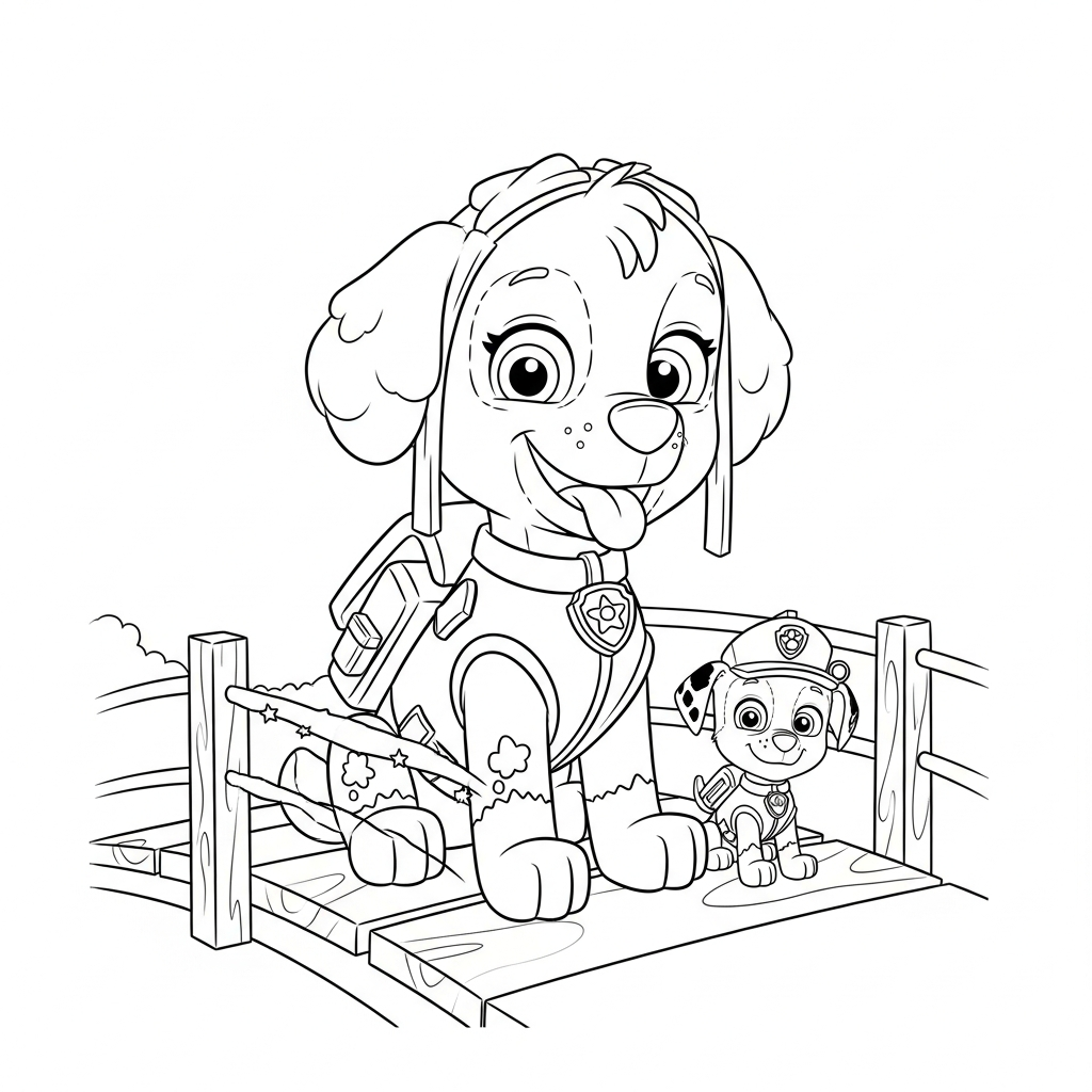 Desenho de patrulha canina para colorir atravessando uma ponte de madeira