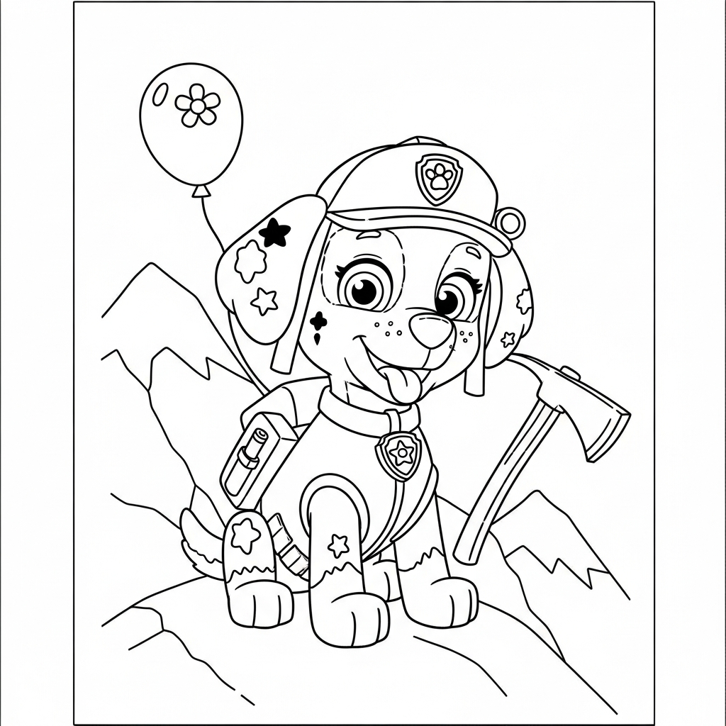 Desenho de patrulha canina para colorir escalando montanha com piolet e uma mochila pequena.
