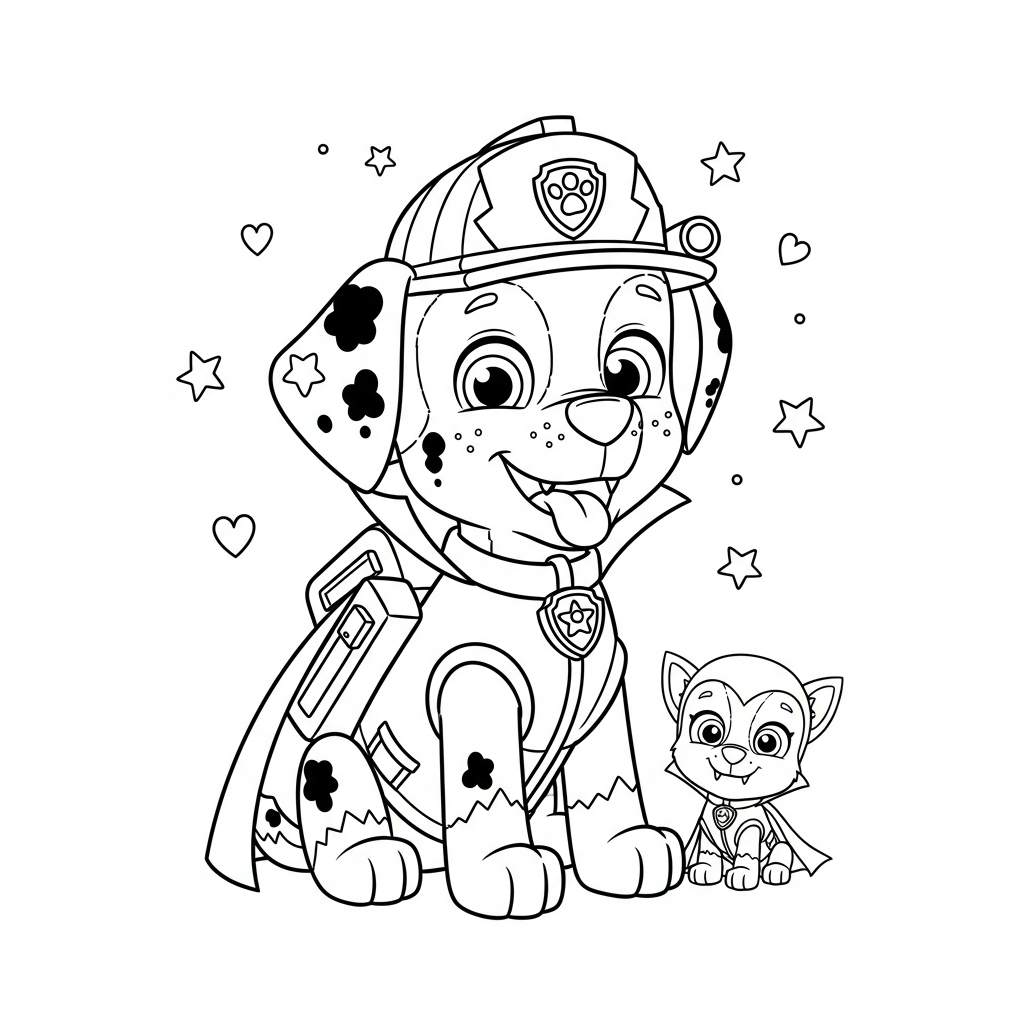 Desenho de patrulha canina para colorir vestido de vampiro fofinho com capa, estrelinhas e corações.