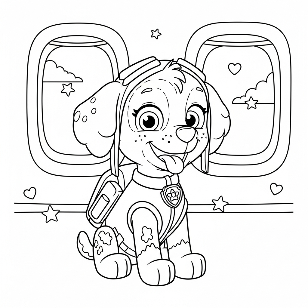 Desenho de Patrulha Canina para colorir dentro de avião com janela e estrelinhas.