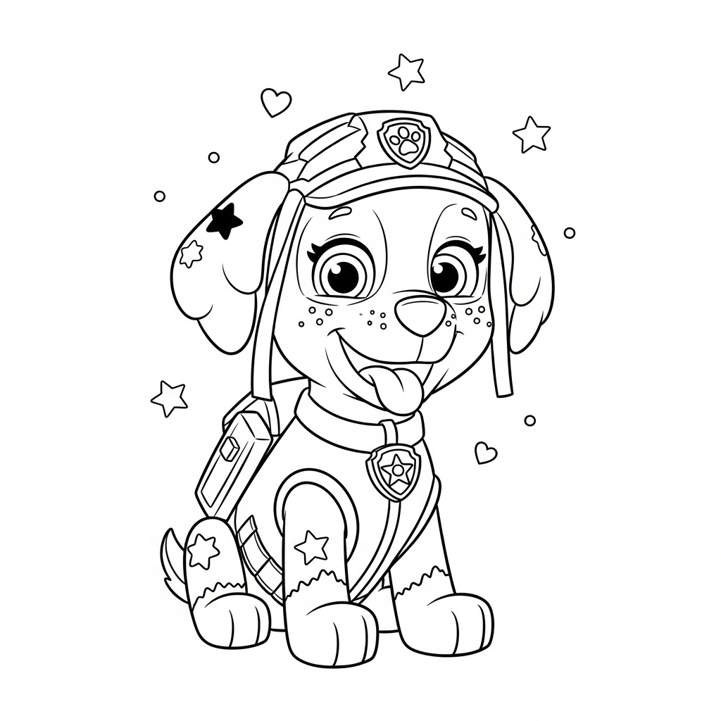 Desenho de patrulha canina para colorir segurando medalha, com estrelinhas e corações decorativos.