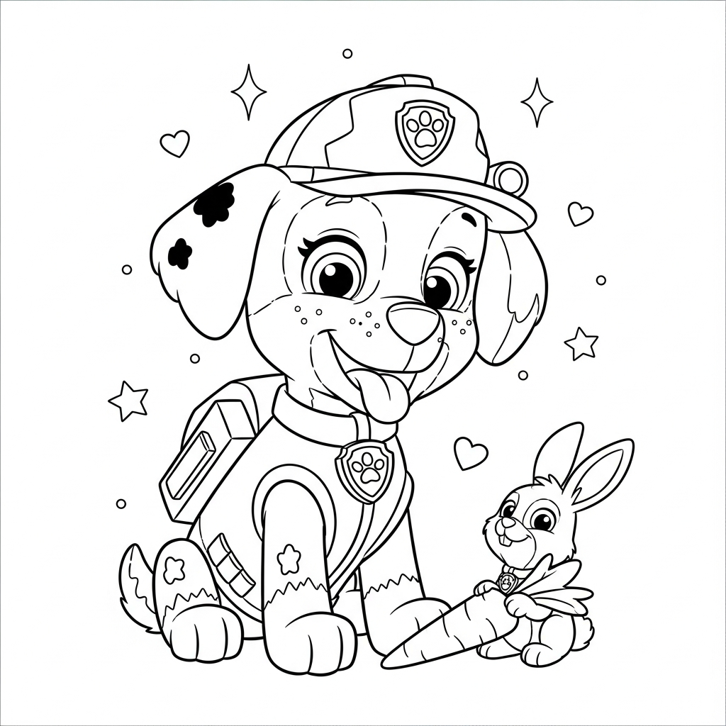 Desenho de patrulha canina para colorir alimentando coelho com cenoura, entre estrelinhas e corações.