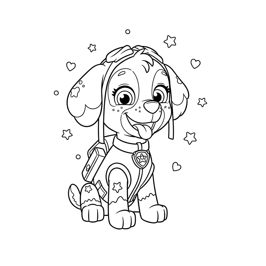 Desenho de patrulha canina para colorir dando uma piruetazinha entre estrelinhas e corações decorativos