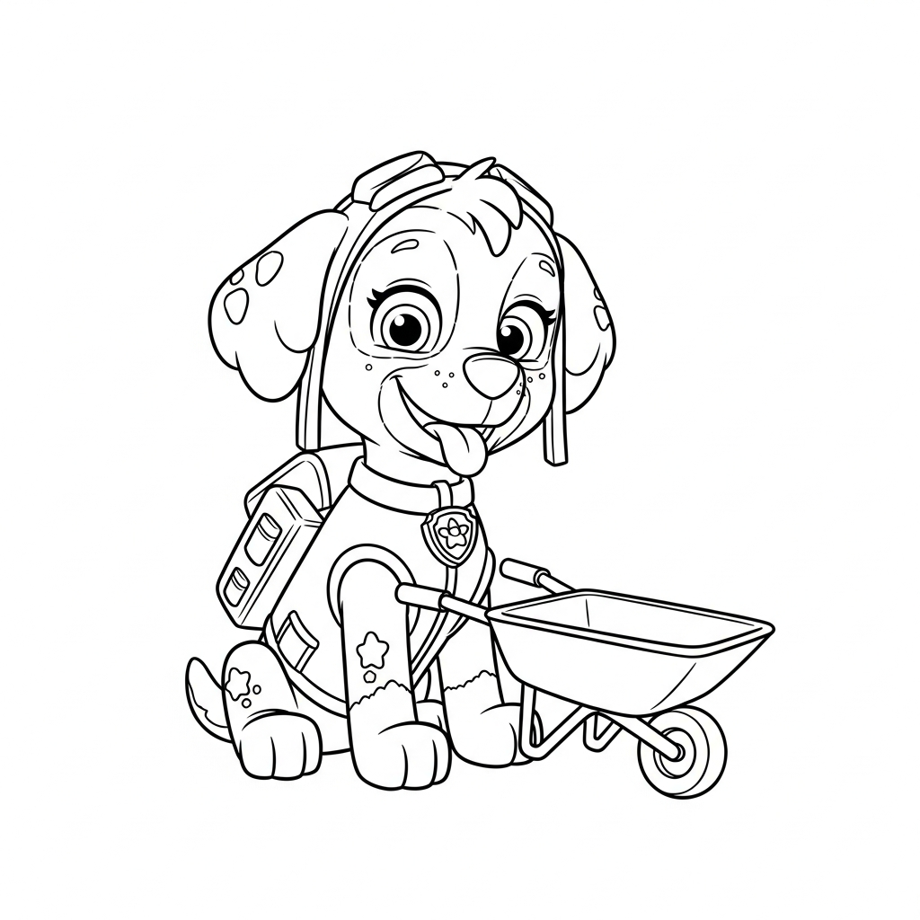 Desenho de patrulha canina para colorir empurrando carrinho de mão com flor.