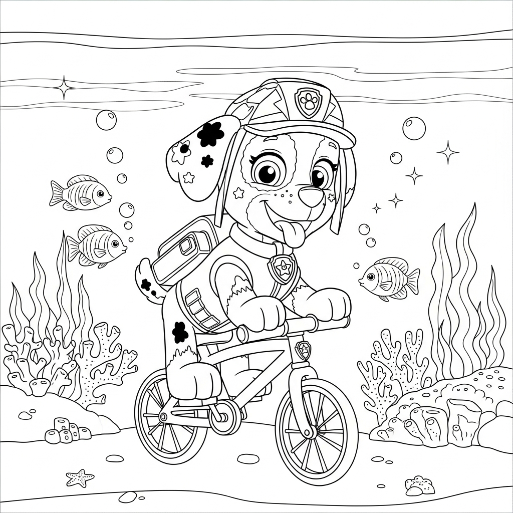 Desenho de patrulha canina para colorir andando de bicicleta pequena no fundo do mar.