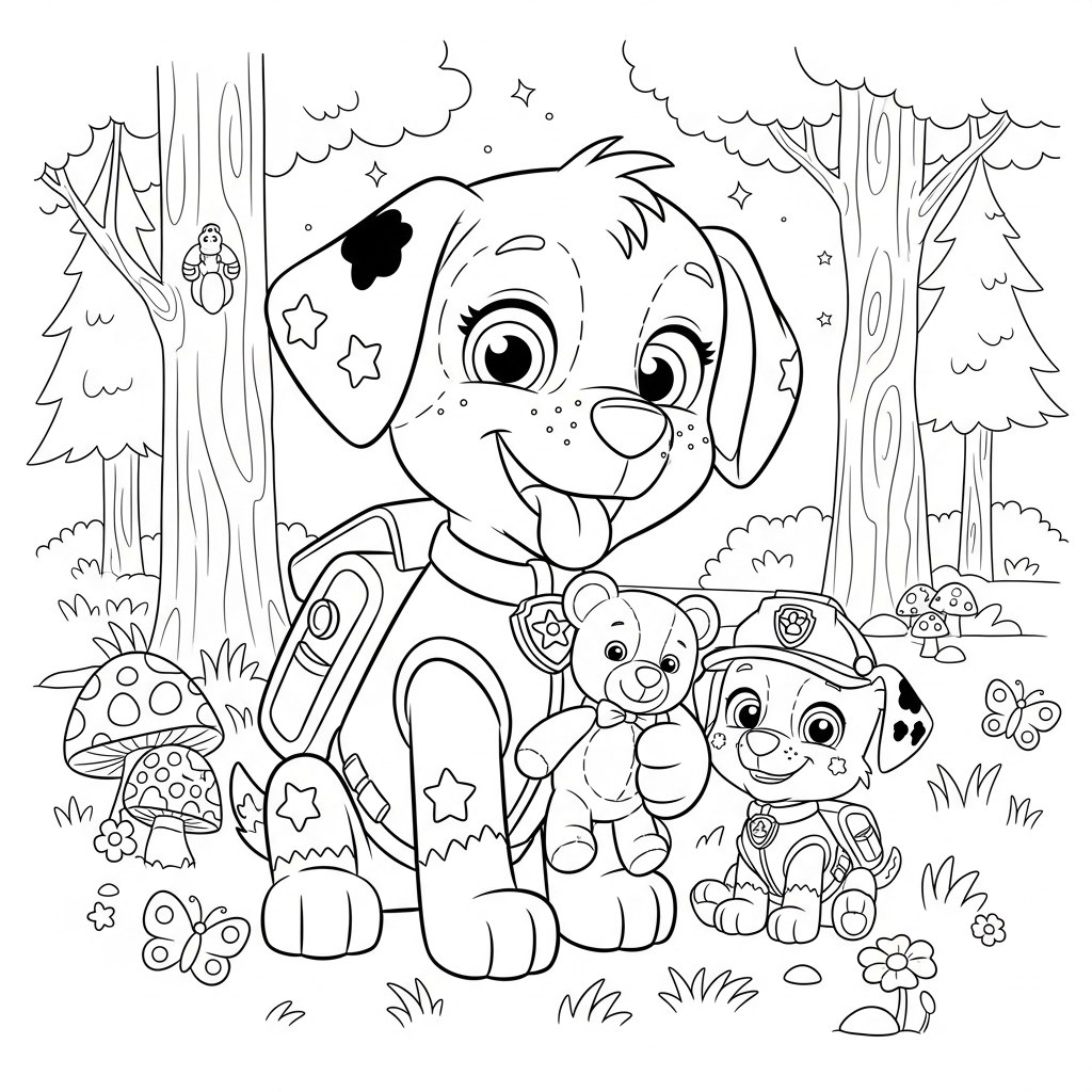 Desenho de patrulha canina para colorir abraçando ursinho na floresta com cogumelos e borboletas