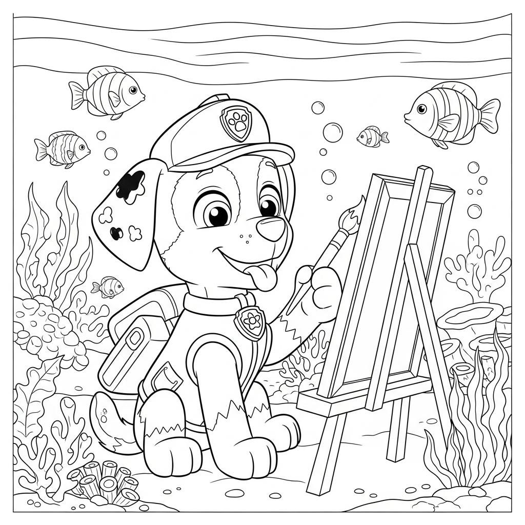 Desenho de patrulha canina para colorir pintando em cavalete no fundo do mar.