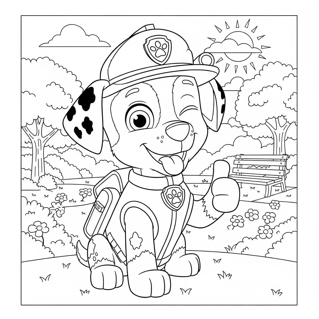 Desenho de patrulha canina para colorir piscando o olho com joinha no parque ensolarado.