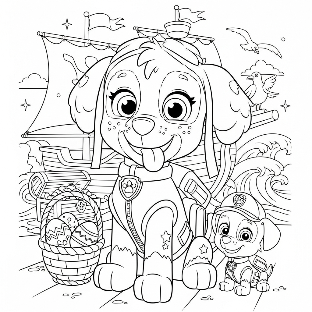 Desenho de patrulha canina para colorir segurando cesta de Páscoa em navio pirata.