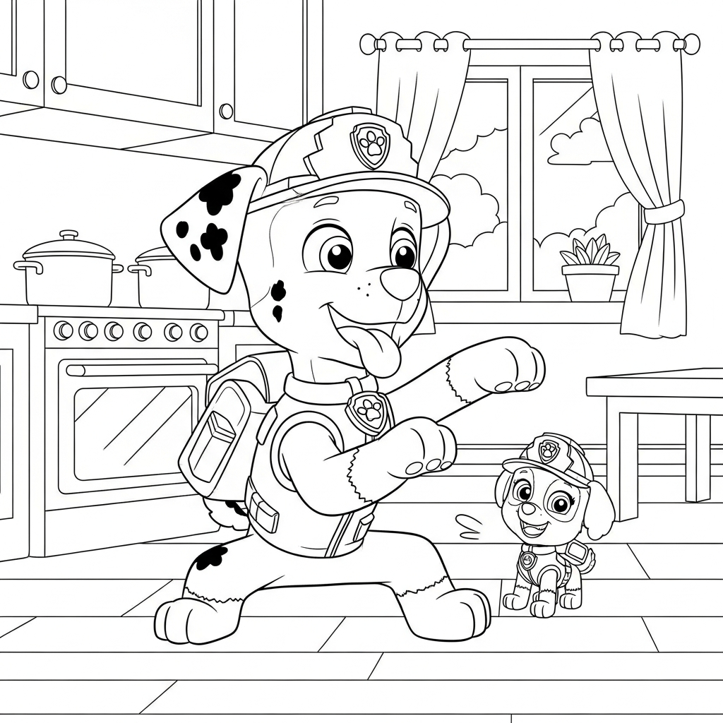 Desenho de patrulha canina para colorir praticando karatê na cozinha com forno e panelas