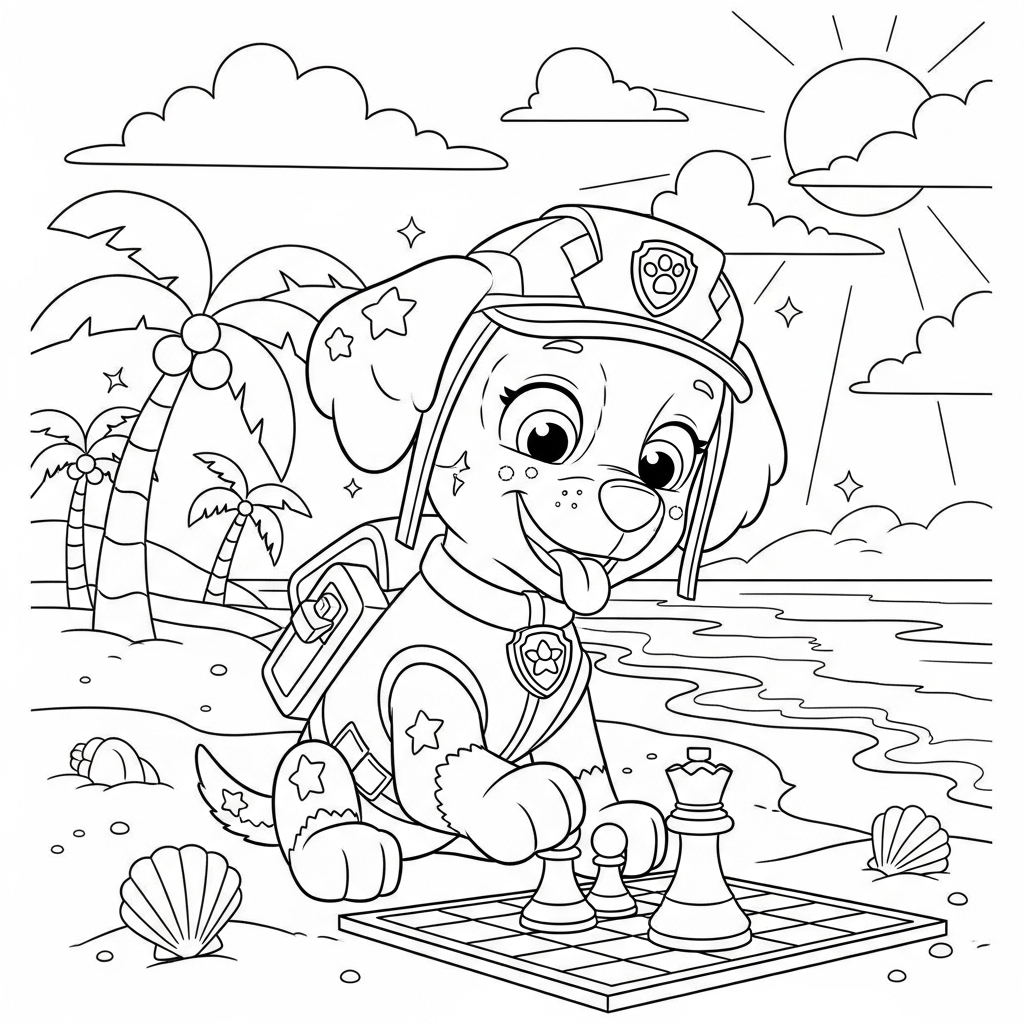 Desenho de patrulha canina para colorir jogando xadrez na praia com palmeiras