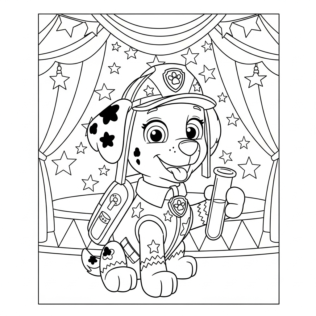 Desenho de patrulha canina para colorir vestido de cientista com tubo no circo.