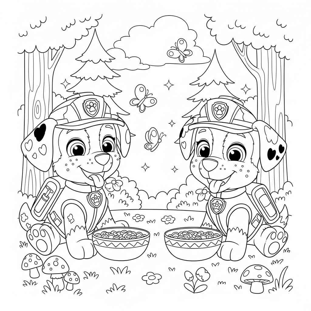 Desenho de patrulha canina para colorir comendo cereal na floresta com cogumelos e borboletas