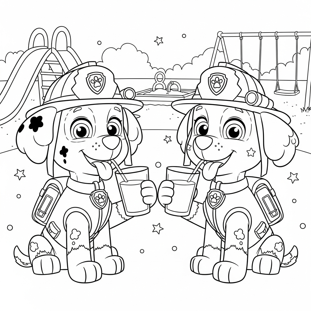 Desenho de patrulha canina para colorir bebendo leite em copo grande no playground com escorregador