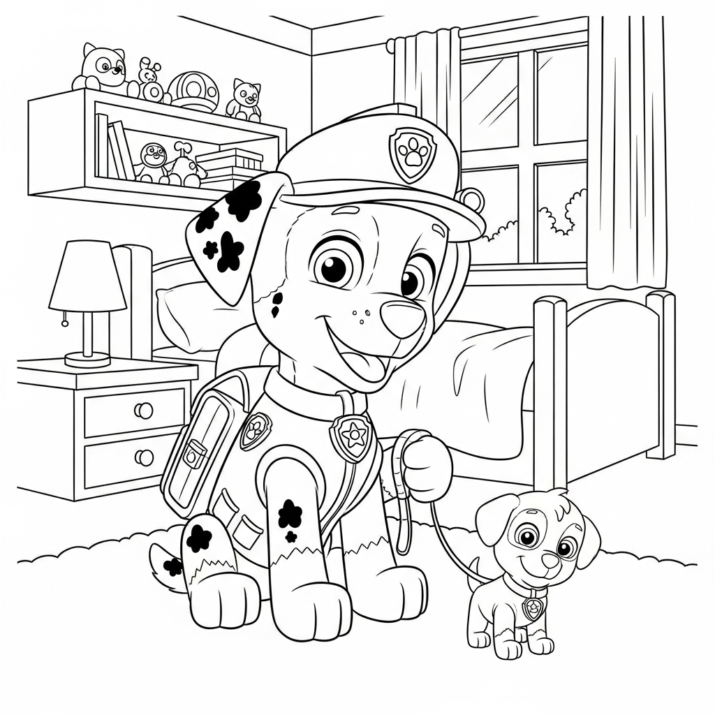 Desenho de patrulha canina para colorir passeando com cachorro na coleira no quarto.