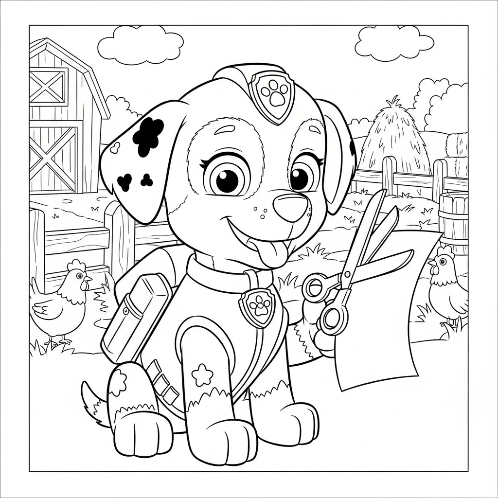 Desenho de patrulha canina para colorir recortando papel com tesoura na fazenda com celeiro